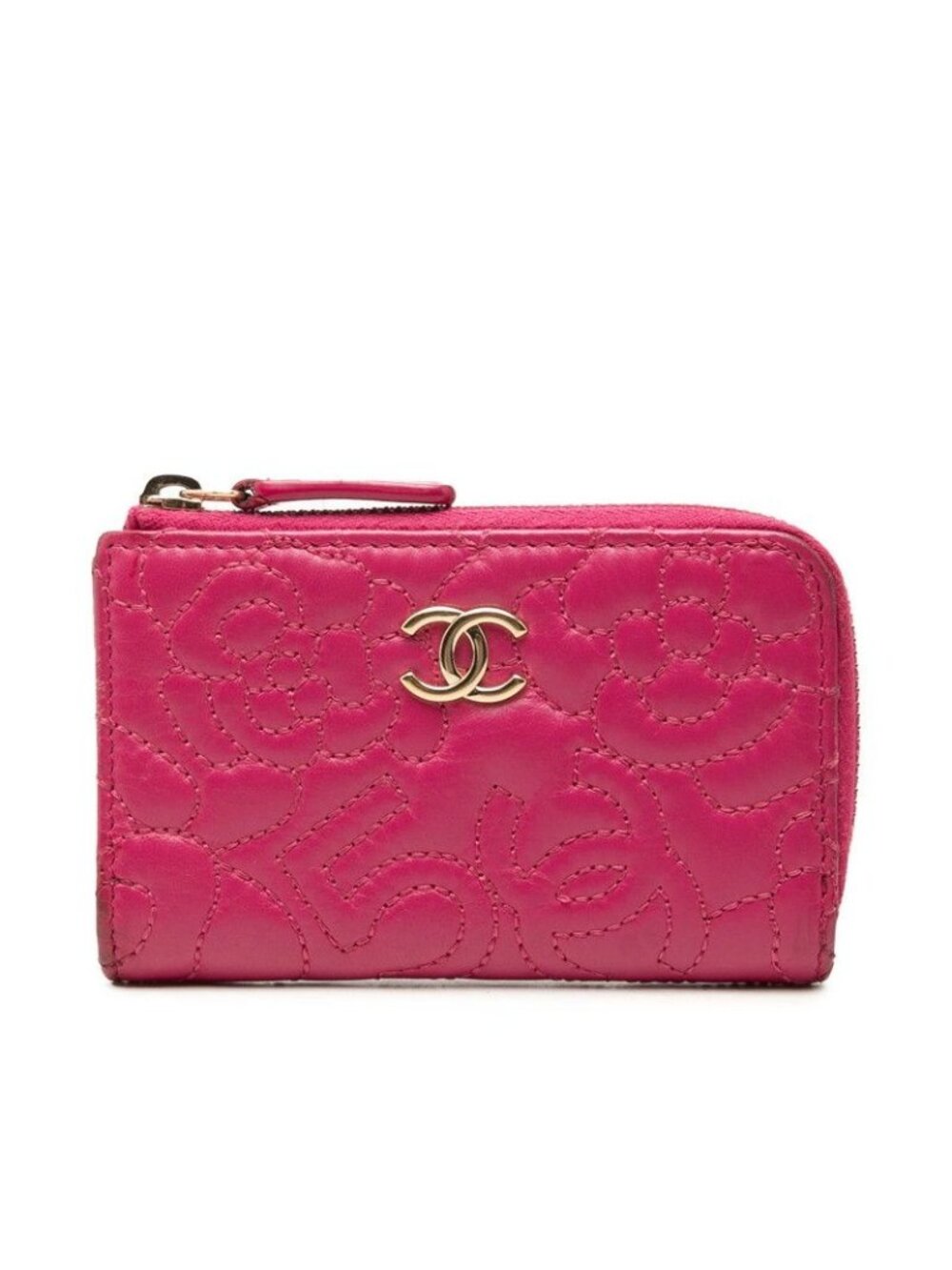 Chanel CC Logo Camellia No. 5 L-shaped Zipper Coin Purse Pink Leather